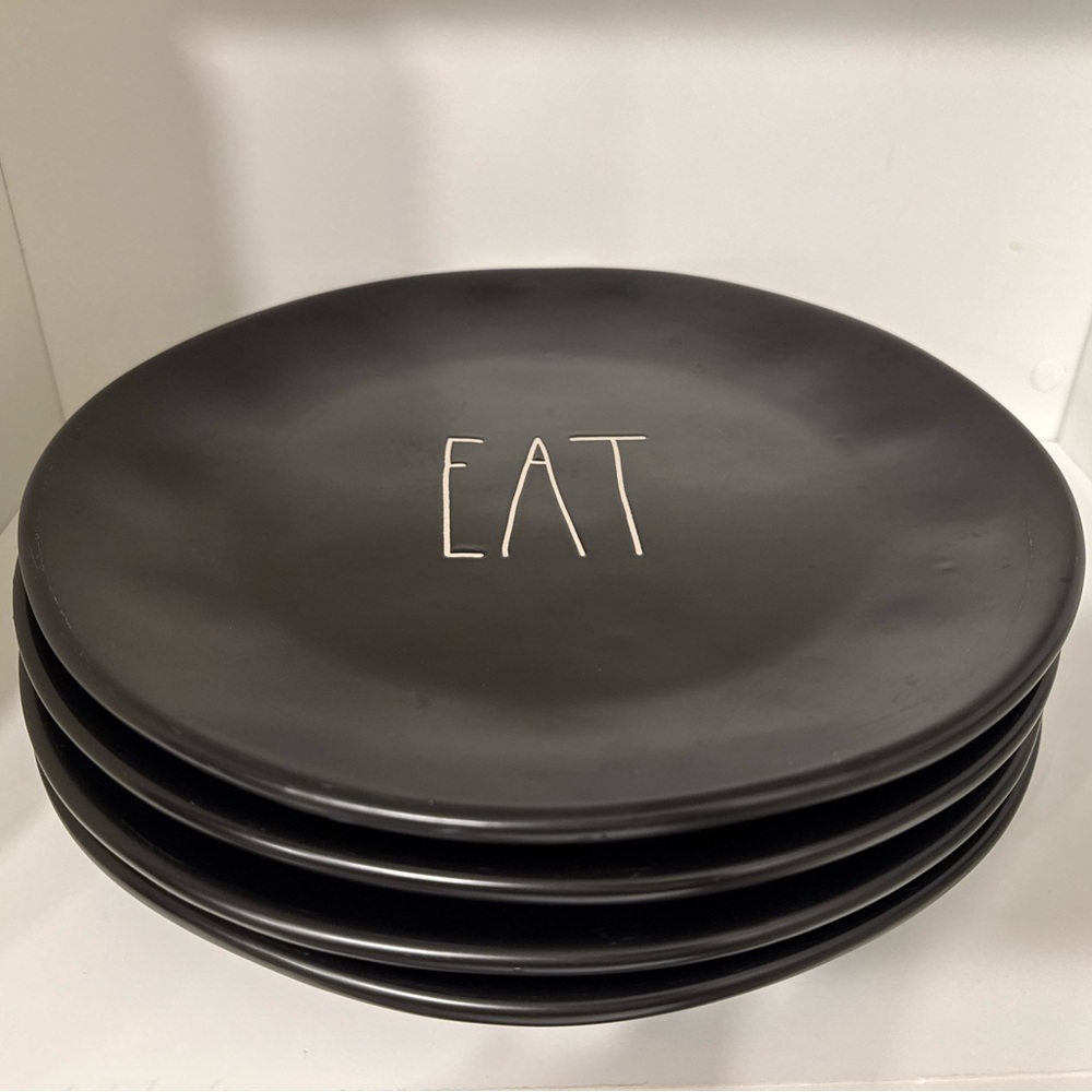 Rae Dunn EAT 11" Ceramic Dinner Plate Black with White Lettering- Set of 4